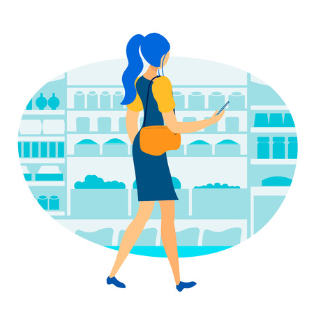 Relaxation in Supermarket Flat Vector Illustration. Young Girl, Student Enjoys Shopping and Talking over Cellphone. Cartoon Woman Buying Food Products in Grocery Store Isolated Characterのイラスト素材