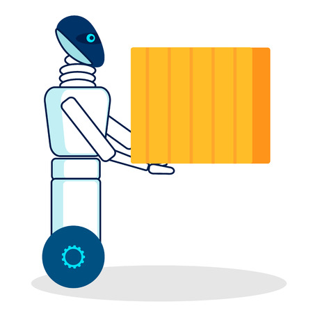 Automated Loading Machine Flat Vector Illustration. Robotic Loader Carrying Box, Container Isolated Character. Moving House Service Humanoid Worker. Futuristic Delivery Boy, Courierのイラスト素材