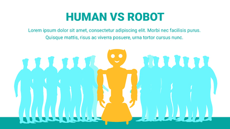 Human Versus Robot Flat Vector Banner Template. Man, Cyborg Cooperation Typography with Text Space. Artificial Intelligence Replacing Physical Labor. Comparing Humanoid Workers and Peopleのイラスト素材