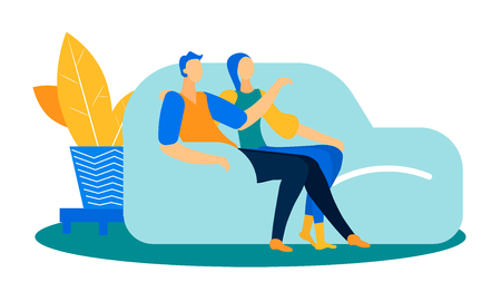 Weekend Pastime, Leisure Flat Vector Illustration. Cartoon Friends, Couple, Boy, Girl Sitting on Sofa. Husband, Wife Relaxing at Home. Romantic Date in Domestic Atmosphere. Luxury Apartment Interiorのイラスト素材