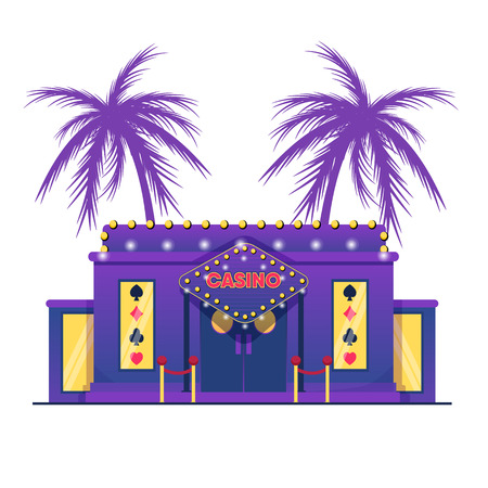 Casino Building on Background Palm Trees Flat. Gambling and Entertainment Complex. Pomp Architectural and Design Art. Facade Building in Eastern Style. Vector Illustration White Background.のイラスト素材