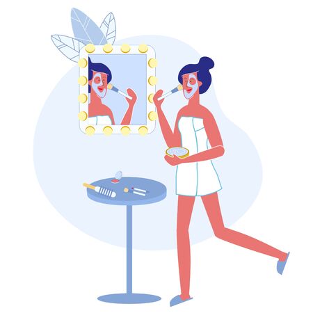Women Skincare Procedure Flat Vector Illustration. Smiling Girl in Towel Cartoon Character. Lady in Dressing Room Applying Moisturizing Face Mask, Wrinkle Treatment. Feminine Beauty, Skin Careのイラスト素材