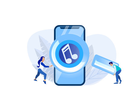 Huge Phone Screen with Audio Player and People Characters Uploading Tracks. Man Holding Big Flash SD Card. Woman Using Music Application. Flat Cartoon Vector Illustration with Foliage Designのイラスト素材