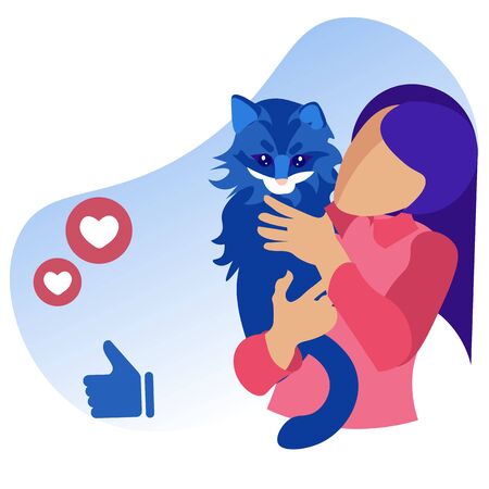 Cartoon Faceless Girl with Cat. Positive Social Feedback in Media Networks. Woman Holding Kitten in Hands. Selfie with Pet. Sharing Photos and Networking. Vector Heart and Thumbs up Signs Illustrationのイラスト素材