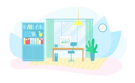 Cartoon Modern Technology Eco Friendly Workplace in Smart Business Center. Flat Ecology Environmental Interior. Houseplant and Foliage Design. Vector Chair, Tables, Computer, Bookshelves Illustrationのイラスト素材