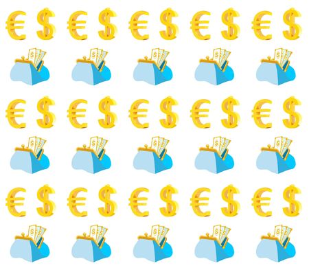 Cartoon Flat Vintage Purse with Cash Banknote and Monetary Note Dollar, Euro Signs Seamless Pattern. Endless Wallpaper. Profit, Income, Earnings and Savings. Vector Money, Finance Endless Illustrationのイラスト素材