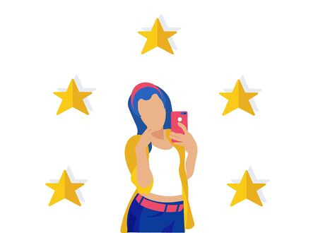 Cartoon Girl Character Making Selfie on Phone Surrounded by Flat Five Gold Rating Stars. Best Review. Positive Friends Feedback. Social Media Network. Customer Satisfaction. Vector Illustrationのイラスト素材