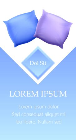 Couple of Soft Blank Rectangular Bedroom Blue and Purple Pillows Top View Mock Up for Comfortable Sleep, Cushions with Feather or Sintepon Filler, Realistic 3d Vector Illustration, Vertical Bannerのイラスト素材