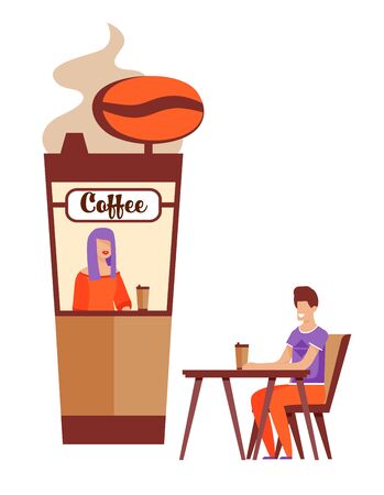 Happy Cartoon Man Character with Takeaway Hot Drink Waiting for Fist Date near Coffee Kiosk with Smiling Female Seller in Window. First Romantic Meeting. Vector Isolated Flat Illustrationのイラスト素材
