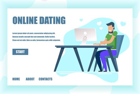 Landing Page with Start Button. Online Dating and Virtual Relationships Service. Social Networking Application. MAn Cartoon Character Chatting on Internet Using Computer. Vector Flat Illustrationのイラスト素材