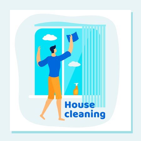 Household Man Housekeeping Process. Everyday Routine of Home Duties and Chores, Houseworking Character Cleaning House, Wiping and Washing Window with Rag. Cartoon Flat Vector Illustration, Bannerのイラスト素材