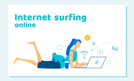 Woman with Laptop Surfing Internet, Searching Information, Working Online, Chatting in Social Networks. Lady Freelancer Work Using Wi Fi Connection Free Access Cartoon Flat Vector Illustration, Bannerのイラスト素材