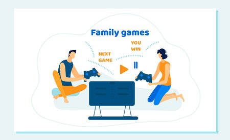 Family Couple Sitting on Sofa Playing Computer Games in  Gaming Console. Leisure, Addiction, Spare Time, Virtual Reality. People Spending Free Time Cartoon Flat Vector Illustration, Bannerのイラスト素材