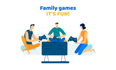 Company of Men and Woman Playing Video Games at Home, Adult Friends Competition, Fun, Virtual Reality, Weekend Spare Time, Leisure, Family Party, Gaming Hobby. Cartoon Flat Vector Illustration, Bannerのイラスト素材