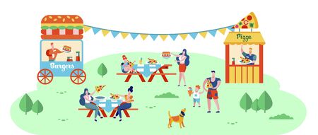 People Eating Out in Public Place Sitting at Tables Outdoors on Nature Background, Pizza and Burgers Fest, Fair Event, Summer Leisure, Vacation, Street Food, Weekend. Cartoon Flat Vector Illustrationのイラスト素材