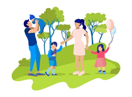 Flat Cartoon Multi-Child Family Walking in Park Together. Happy Father Carrying Baby. Mother Holding Preschooler Son and Daughter by Hand. Weekend Outdoors. Summer Vacation. Vector Illustrationのイラスト素材