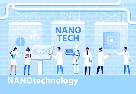 Nano Techology Development Flat Cartoon Banner. Vector Scientific Laboratory and Coworking Researchers and Humanoid. Micro Chip for Human Brain Creation Process. Nanomedicine, Engineering Illustrationのイラスト素材
