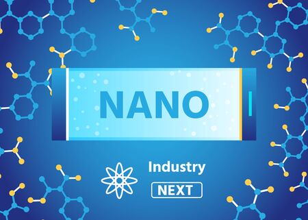 Nano Industry Webpage for Scientific Laboratory Online. Vector Horizontal Flask with Inscription in Nanomaterials Bubbles over Blue Backdrop. Abstract Molecular Structure Flat Illustrationのイラスト素材