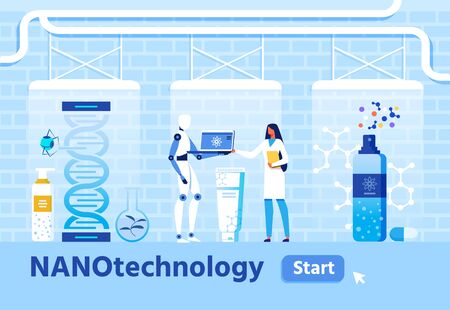 Medical Research and Nanomaterial creation Flat Banner. Vector Female Scientist and Humanoid Discussing New Nanoproduct on Computer Screen. Nano Robot Work on Gene Evolution Illustrationのイラスト素材