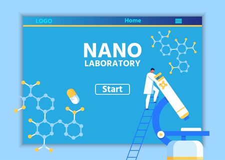 Creative Landing Page for New Medicines Production Scientific Lab Online. Vector Male Scientists Standing on Ladder near Big Microscope. Nanotechnology and Nanomedicine Illustration in Blueのイラスト素材