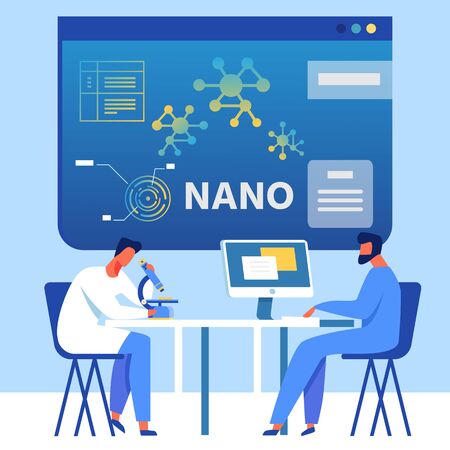 Cartoon Flat Male Team Works in Research Center. Doctor Using Microscope, Scientist Typing Report on Computer. Laboratory with Huge Monitor and Infographics on Screen. Vector Nanomedicine Illustrationのイラスト素材
