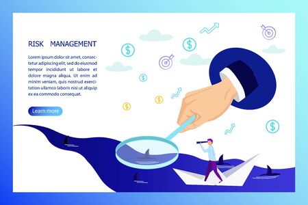 Risk Management Horizontal Banner with Business Man Floating on Paper Boat Looking in Telescope on Sharks in Ocean and Huge Hand with Magnifier Help him to See Danger .Cartoon Flat Vector Illustrationのイラスト素材