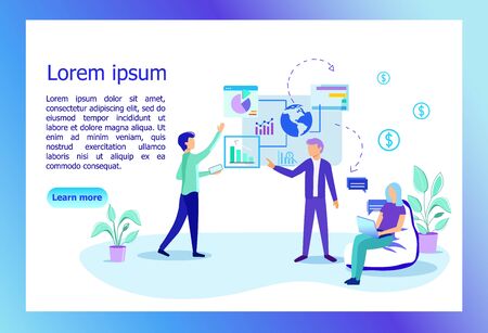 Employees in Office Discussing. Financial Project Management, Business, Workflow and Consulting Teamwork, Worldwide Global Customer Relationship. Cartoon Flat Vector Illustration, Horizontal Banner.のイラスト素材