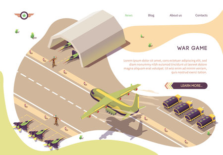 War Game Isometric Banner with Military Airfield, Airport or Airbase. Vector Jet Fighters, Armored Vehicles or Fuel Tanks Trucks, Soldiers. Cargo Airplane Landing on Runway. Hangar and Parking Guardedのイラスト素材