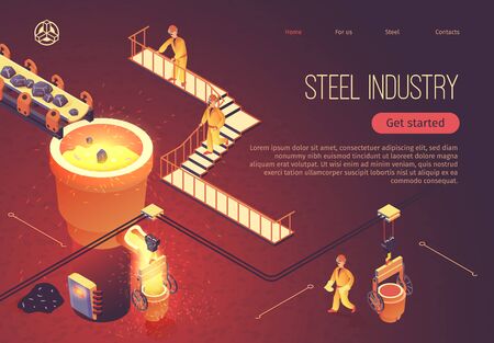 Steel Industry Banner for Factory Workshop. Vector Isometric Illustration Metallurgy Process. Stones Move along Conveyor into Tub with Molten Cast Iron. Smelting Metal at Foundry. Employees Workのイラスト素材