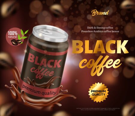 Black Natural Premium Quality Coffee Banner, Aluminum Bottle with Drink on Blurred Background with Coffee Beans and Golden Typography, Packaging Design Promo Template, 3d Vector Realistic Illustrationのイラスト素材