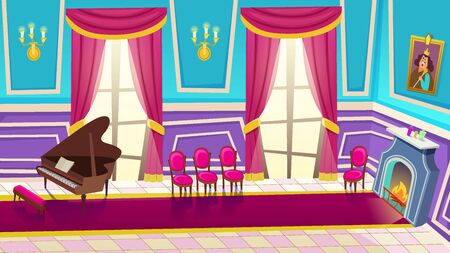 Castle Music Hall Interior with Grand Piano, Chairs, Red Carpet, King Portrait, Fire Place, Candles on Wall, Large Windows. Medieval Palace, Fantasy or Game Background Cartoon Flat Vector Illustrationのイラスト素材