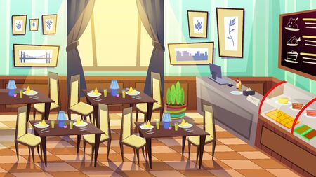 Modern Empty Cafe Interior Design with No People. Fast Food and Bakery Restaurant with Square Tables Surrounded with Chairs near Huge Window. Counter Desk, Menu Board. Cartoon Flat Vector Illustrationのイラスト素材