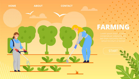 Flat Banner Modern Crop Farming Landing Page. Women Farmers in Working Clothes Working on Field and Laughing. Women Fertilize and Cultivate Soil on Field. Vector Illustration Cartoon.のイラスト素材