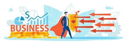 Superhero Holding Shield Protecting Business Flat Cartoon Banner Vector Illustration. Saving Business from Problems. Coins, Charts and Graphs on Background. Red Arrows Fighting Man with Cloak.のイラスト素材