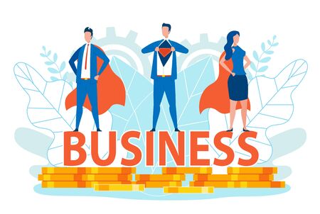 Business Men and Woman in Super Hero Costumes Standing on Business Writing on Golden Coins or Money Flat Cartoon Banner Vector Illustration. Team Workers in Office Suits. Achieving Success.のイラスト素材