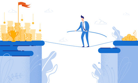 Man Goes on Tightrope View in front Coin. From Poverty to Wealth. Achive Goal. Vector Illustration. Way to Victory. Financial Stability. Business Plan. Cash Savings. Save Money. Risk and Victory.のイラスト素材