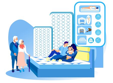 Family Testing Mattress in Salon Mattres. New Collection. Healthy Sleep. Health Care. Vector Illustration. Modern Technologies. Exhibition Center. Anatomical Design. Sleep on Bed. Hight Quality.のイラスト素材