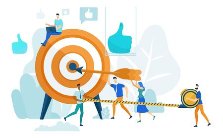 People Run to Goal Cartoon Flat Vector Illustration. Businessman Instructing Workers. Achieving Success. Leadership Practicing Skills in Team. Teamwork in Business. Hitting Target.のイラスト素材