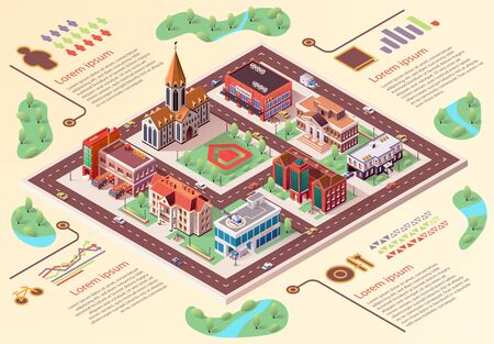 Flat Banner Big City Layout Infographics Cartoon. An Architectural Project And Top View Area City With Located Buildings. Developed Infrastructure Big City. Vector Illustration Isometric.のイラスト素材