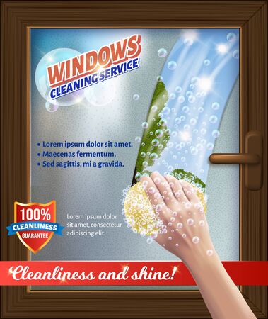 Windows Clean Service. Bast in Hand. Wash Window. Detergent for Home. Cleaning Service. Vector Illustration. Cleaning Realistic. Shining Surface. Cleanliness and Shine. Modern Cleaning Product.のイラスト素材
