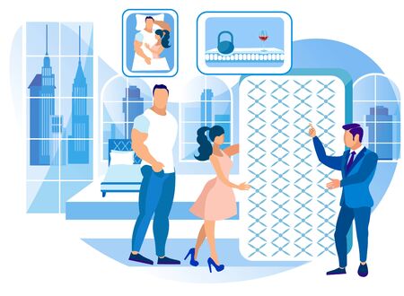 Seller Tells Man and Woman about Mattress. Technology Orthopedic Mattress. Mattress from Natural Materials. Sallon Martas. New Collection. Exhibition Center. Vector Illustration. Modern Technologies.のイラスト素材