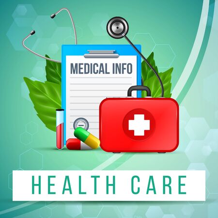 Health Care Banner. Paper Tablet with Clear Notebook Sheet, Doctor Bag with Cross, Stethoscope, Medical Pills and Glass test Tube with Blood and Green Leaves around. Realistic 3d Vector Illustrationのイラスト素材