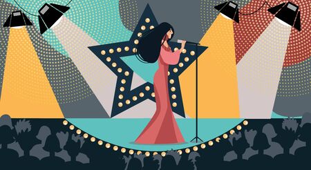 Cartoon Woman in Dress on Stage Sing Song Holding Microphone Hand Vector Illustration. TV Talent Show Live Concert. Musical Performance. Female Singer Musician Star. Music Contest Television Showのイラスト素材