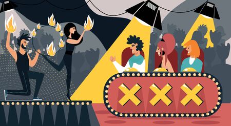 Talent Show Vector Illustration. Cartoon People Fire Juggling Performance. Man Woman in Jury Judge. Fireshow, Fire Hoop, Burning Torch, Flame Juggler. CompetitionTelevision Show, Audition Contestのイラスト素材