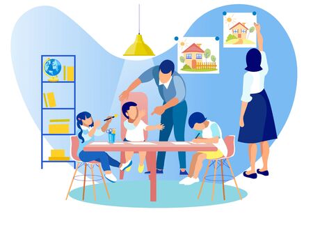 Mother and Father Spending Time with Little Kids, Children Drawing Sitting at Table, Woman Hanging Picture on Wall, Man Communicating with Babies. Kindergarten Class Cartoon Flat Vector Illustrationのイラスト素材