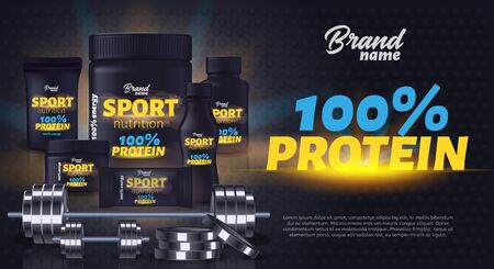 Sport Nutrition Product Containers Ad Banner. Weight Gainer Set. Whey Protein Bottles. Product Packaging Design Jars of Bodybuilding Food Supplement, Dumbbell, Barbell 3d Vector Realistic Illustrationのイラスト素材