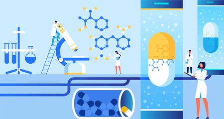 Characters Doing Scientific Researches and Experiments at Laboratory Banner Vector Illustration. Medical Equipment Test Tubes, Flasks. Clinical Diagnostics Center. Examining Pharmaceutical Medication.のイラスト素材
