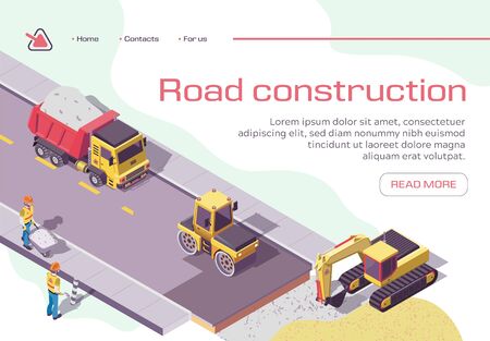 Road Repair and Construction with Heavy Machines and Working People. Excavator and Rolling Vehicles Making Fresh Asphalt Maintenance. Machinery Street Resurfacing. Isometric 3d Vector Illustrationのイラスト素材