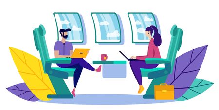 Business Partners Flying in Aircraft. Partnership in Business. Vector Illustration. New Technologies. People Work on Laptop. Communication Business Partners. Presentation New Technologies.のイラスト素材
