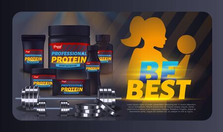 Sport Nutrition, Protein Whey Supplement Container Packaging Mock Up Set, Black Plastic Jar, Pack, Woman Pumping Muscles with Dumbbell Design. Sports Food Ad Banner Realistic 3d Vector Illustrationのイラスト素材